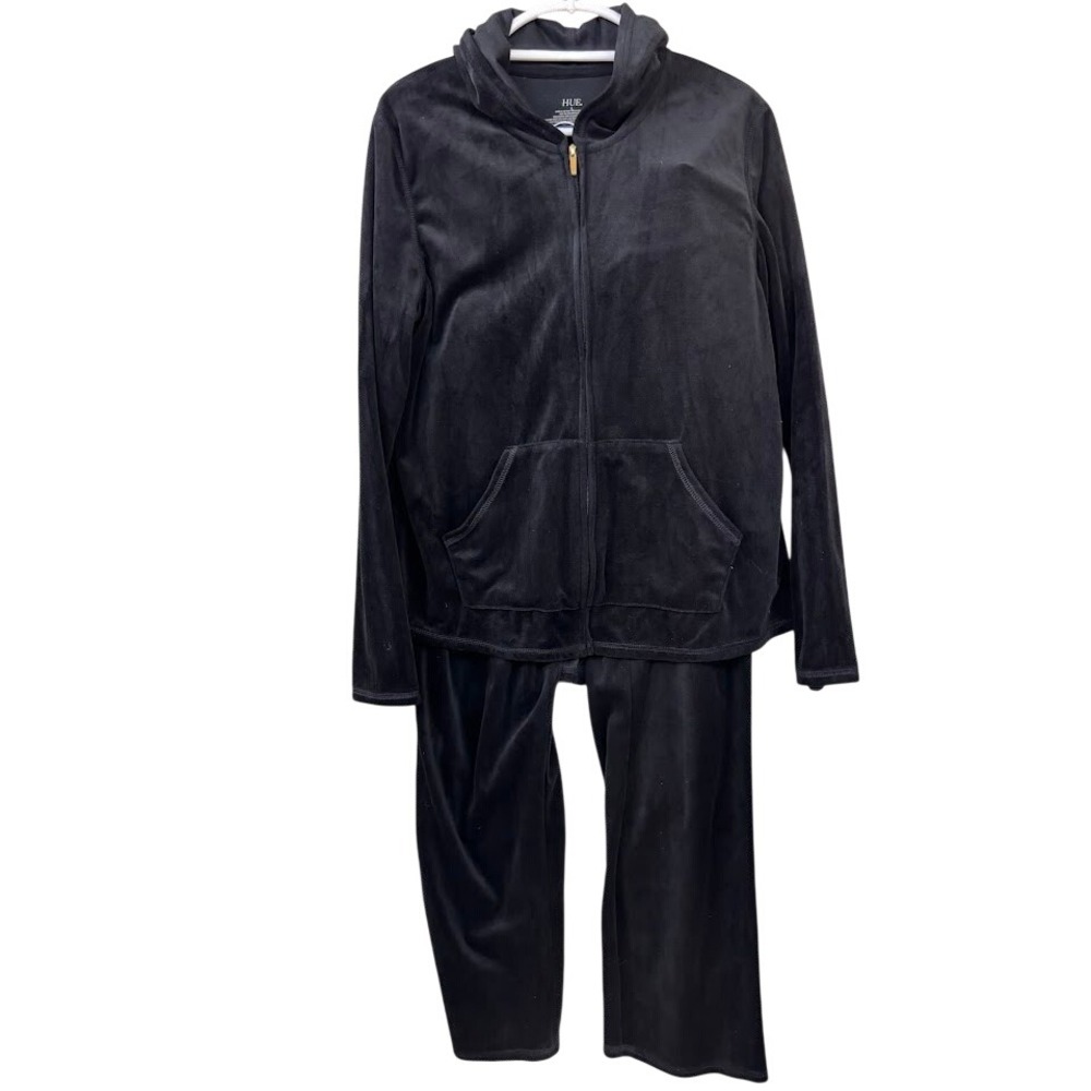 HUE Womens Black Velour Tracksuit Set Zip Up Hoodie and Pants Size L